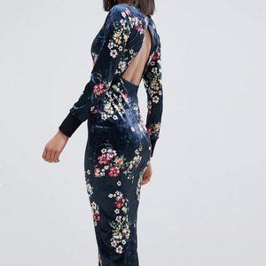 ASOS DESIGN printed velvet city maxi dress with open back